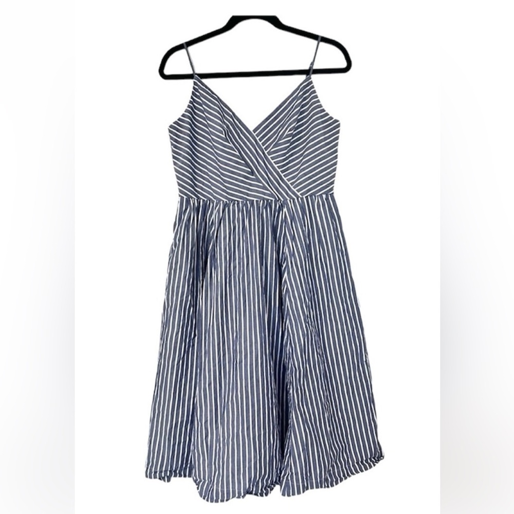 J. Crew 10 Midi Party Dress Shirting pin Stripes blue white full skirt classic - Picture 9 of 11